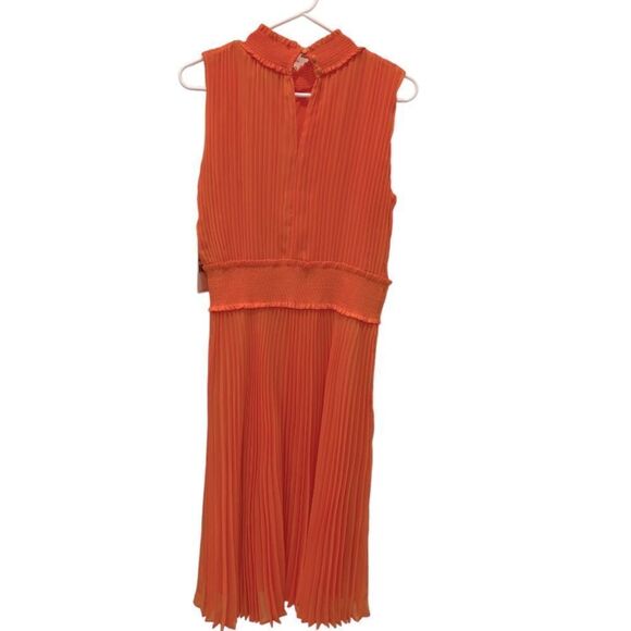 Nanette Lepore Smocked High Neck Pleated Dress in Vivid Coral.Size 12 - Picture 8 of 15